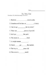 English Worksheet: To, Two, Too