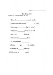 English worksheet: To, Two, Too