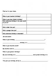 English worksheet: Birthdays research