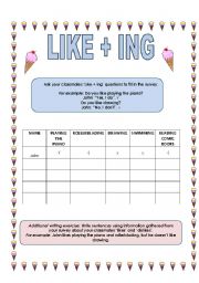 English Worksheet: Like + ing