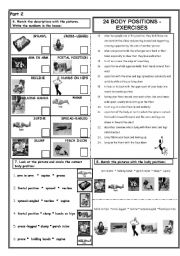 English Worksheet: 24 BODY POSITIONS  - 11 exercises - PART 2