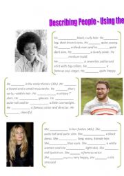 English Worksheet: Describing People - getting the verb right: is / has got / is wearing