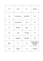 English Worksheet: Time Prepositions Bingo
