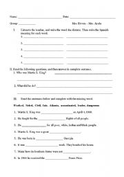 English Worksheet: Martim L. King Jr. test