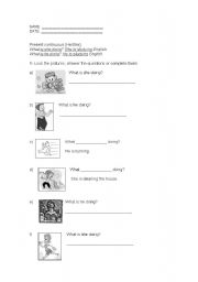 English worksheet: Present continuous with he and she