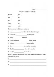 English worksheet: Irregular Past Tense Verbs:  Fall, Leave, Pay, Make