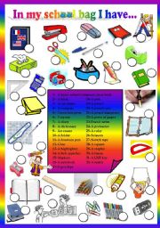 school bag objects - matching exercise 