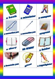 English Worksheet: school bag objects - card games