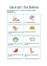 English Worksheet: Can or cant - write true sentences (answer key)
