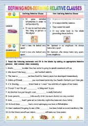 English Worksheet: RELATIVE CLAUSES- DEFINING/NON-DEFINING RELATIVE CLAUSES