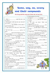English Worksheet: Some, any, o, every and compounds