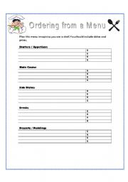 English Worksheet: Ordering from a Menu