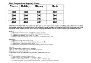 English Worksheet: Time prepositions Jeopardy Game