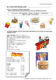 English Worksheet: In a fast food restaurant:Ordering food