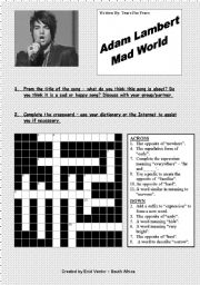 Song: Adam Lambert - Mad World. Fully editable. B&W. Colour version at http://www.eslprintables.com/printable.asp?id=268282#thetop