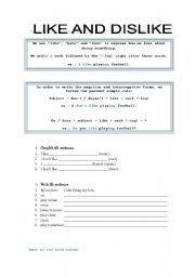 English Worksheet: like and dislike ws with rule and activities bw