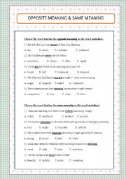 English Worksheet:  Opposite & Same Meaning