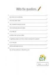 English Worksheet: Write the questions - Verb to be and Have got