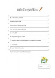 English worksheet: Write the questions - Verb to be and Have got