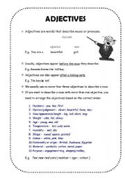 English worksheet: adjectives placement and forms of adjectives