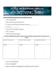 English Worksheet: Percy Jackson and the Lightning Thief 