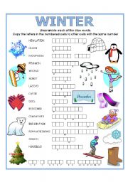 English Worksheet: DOUBLE PUZZLE (WINTER) + KEY