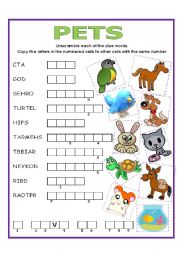 English Worksheet: DOUBLE PUZZLE (PETS) + KEY