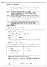 English worksheet: Reading com : Honesty is the best policy