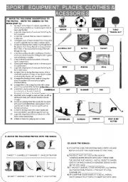 English Worksheet: SPORT - EQUIPMENT, PLACES, CLOTHES & ACCESSORIES - 12 EXERCISES