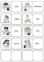 English Worksheet: Body Parts - DOMINOES (B/W VERSION ) + Rules (Head, Shoulders, Knees and Toes song)