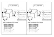 English Worksheet: prepositions on in under