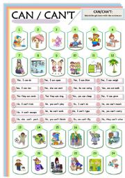 English Worksheet: CAN AND CANT  with PRONOUNS