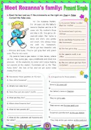 English Worksheet: Meet Rozannas Family  (Simple Present)  -  Reading Comprehension