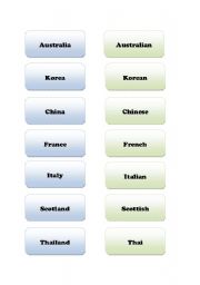 English worksheet: pairs game - find the country and nationality
