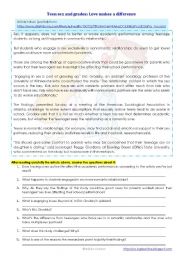 English Worksheet: Teen sex and grades: love makes a difference - Reading Comprehension ((2 pages)) ***fully editable