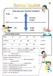 English Worksheet: Speaking about Summer Vacation