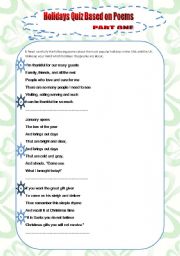 English worksheet: HOLIDAYS QUIZ BASED ON POEMS PART ONE