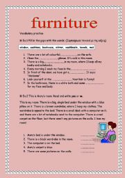 English Worksheet: furniture/ household items + B/W version+ key