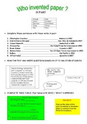 English worksheet: Who invented paper? simple past II part