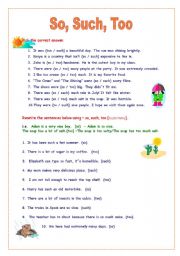 English Worksheet: So, Such and Too