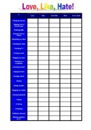 English Worksheet: Love, like, dont like, hate and dont mind