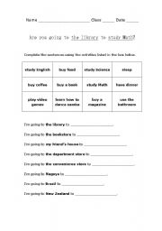 English worksheet: Are you going to the library to study Math?