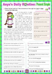 Anyas Daily Routine (Simple Present)  -  Reading Comprehension