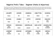 English Worksheet: Negative Prefix Taboo - Beginner (Verbs & Adjectives)