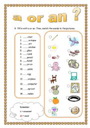 English Worksheet: A/ An + matching exercise (UPDATED)