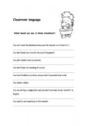 English worksheet: Classroom language