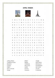 English Worksheet: Eiffel Tower Wordsearch and Cryptogram