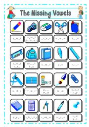 English Worksheet: SCHOOL SUPPLIES - CLASSROOM OBJECTS (3) - THE MISSING VOWELS - # 8