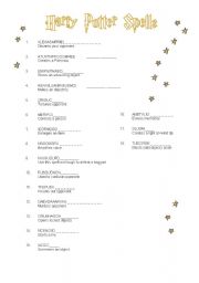 English Worksheet: Harry Potter Spells Word Scramble 1/2