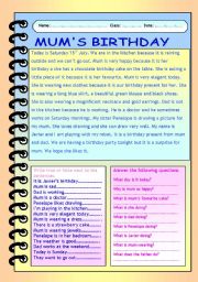 English Worksheet: Mums birthday. Reading comprehension.